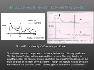 Normal Force Velocity v/s Double Impact Curve


Sometimes hammer components, cushions, helmet and pile may produce a
“Double Impact” effect in the measured test records. This may be due to
development of the hammer system impacting event and/or frequencies in the
multi-degrees of freedom driving system. Though this feature has no effect on
the quality of the data and doesn’t require special attention in data analysis.
 