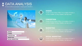 DATA ANALYSIS
The future is before us and dynamic. Everything we do will affect it.
DESIGN 76%
CODING 70%
CONCEPTION 50%
MARKETING 80%
SOCIAL MARKETING 88%
DESIGN
Youth is not a time of life; it is a state of mind; it
is not a matter of rosy cheeks, red lips and
CONCEPTION
Youth is not a time of life; it is a state of mind; it
is not a matter of rosy cheeks, red lips and
MARKETING
Youth is not a time of life; it is a state of mind; it
is not a matter of rosy cheeks, red lips and
SOCIAL MARKETING
Youth is not a time of life; it is a state of mind; it
is not a matter of rosy cheeks, red lips and
 