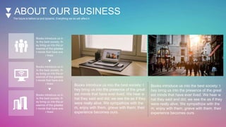 ABOUT OUR BUSINESS
The future is before us and dynamic. Everything we do will affect it.
Books introduce us into the best society; t
hey bring us into the presence of the great
est minds that have ever lived. We hear w
hat they said and did; we see the as if they
were really alive. We sympathize with the
m, enjoy with them, grieve with them; their
experience becomes ours.
Books introduce us into the best society; t
hey bring us into the presence of the great
est minds that have ever lived. We hear w
hat they said and did; we see the as if they
were really alive. We sympathize with the
m, enjoy with them, grieve with them; their
experience becomes ours.
Books introduce us in
to the best society; th
ey bring us into the pr
esence of the greates
t minds that have eve
r lived.
Books introduce us in
to the best society; th
ey bring us into the pr
esence of the greates
t minds that have eve
r lived.
Books introduce us in
to the best society; th
ey bring us into the pr
esence of the greates
t minds that have eve
r lived.
 