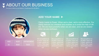 ABOUT OUR BUSINESS
The future is before us and dynamic. Everything we do will affect it.
AGE POST DEPARTMENT
32 XXX XXX
ADD YOUR NAME
Clarity Leads to Power. When we're clear, we're more effective. Our
clarity reduces our mistakes and enables us to enlist the help of oth
ers. We are more powerful when we are clear, and we are weaker
when we are confused.
We sympathize wi
th them, enjoy wit
h them, grieve wit
h them; their expe
rience becomes o
urs.
We sympathize wi
th them, enjoy wit
h them, grieve wit
h them; their expe
rience becomes o
urs.
We sympathize wi
th them, enjoy wit
h them, grieve wit
h them; their expe
rience becomes o
urs.
We sympathize wi
th them, enjoy wit
h them, grieve wit
h them; their expe
rience becomes o
urs.
 
