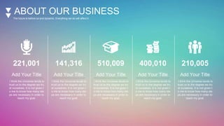 ABOUT OUR BUSINESS
The future is before us and dynamic. Everything we do will affect it.
221,001
Add Your Title
I think the Universe tends to
trust us to the degree we tru
st ourselves. It is not given t
o me to know how many ste
ps are necessary in order to
reach my goal.
141,316
Add Your Title
I think the Universe tends to
trust us to the degree we tru
st ourselves. It is not given t
o me to know how many ste
ps are necessary in order to
reach my goal.
510,009
Add Your Title
I think the Universe tends to
trust us to the degree we tru
st ourselves. It is not given t
o me to know how many ste
ps are necessary in order to
reach my goal.
400,010
Add Your Title
I think the Universe tends to
trust us to the degree we tru
st ourselves. It is not given t
o me to know how many ste
ps are necessary in order to
reach my goal.
210,005
Add Your Title
I think the Universe tends to
trust us to the degree we tru
st ourselves. It is not given t
o me to know how many ste
ps are necessary in order to
reach my goal.
 