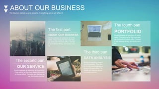 ABOUT OUR BUSINESS
The future is before us and dynamic. Everything we do will affect it.
The first part
ABOUT OUR BUSINESS
Books possess an essence of immo
rtality. They are by far the most lasti
ng products of human effort. Temple
s and statues decay, but books survi
ve.
The fourth part
PORTFOLIO
Books possess an essence of immo
rtality. They are by far the most lasti
ng products of human effort. Temple
s and statues decay, but books survi
ve.
The third part
DATA ANALYSIS
Books possess an essenc
e of immortality. They are
by far the most lasting pro
ducts of human effort. Te
mples and statues decay,
but books survive.
The second part
OUR SERVICE
Books possess an essence of immortality.
They are by far the most lasting products
of human effort. Temples and statues de
cay, but books survive.
 