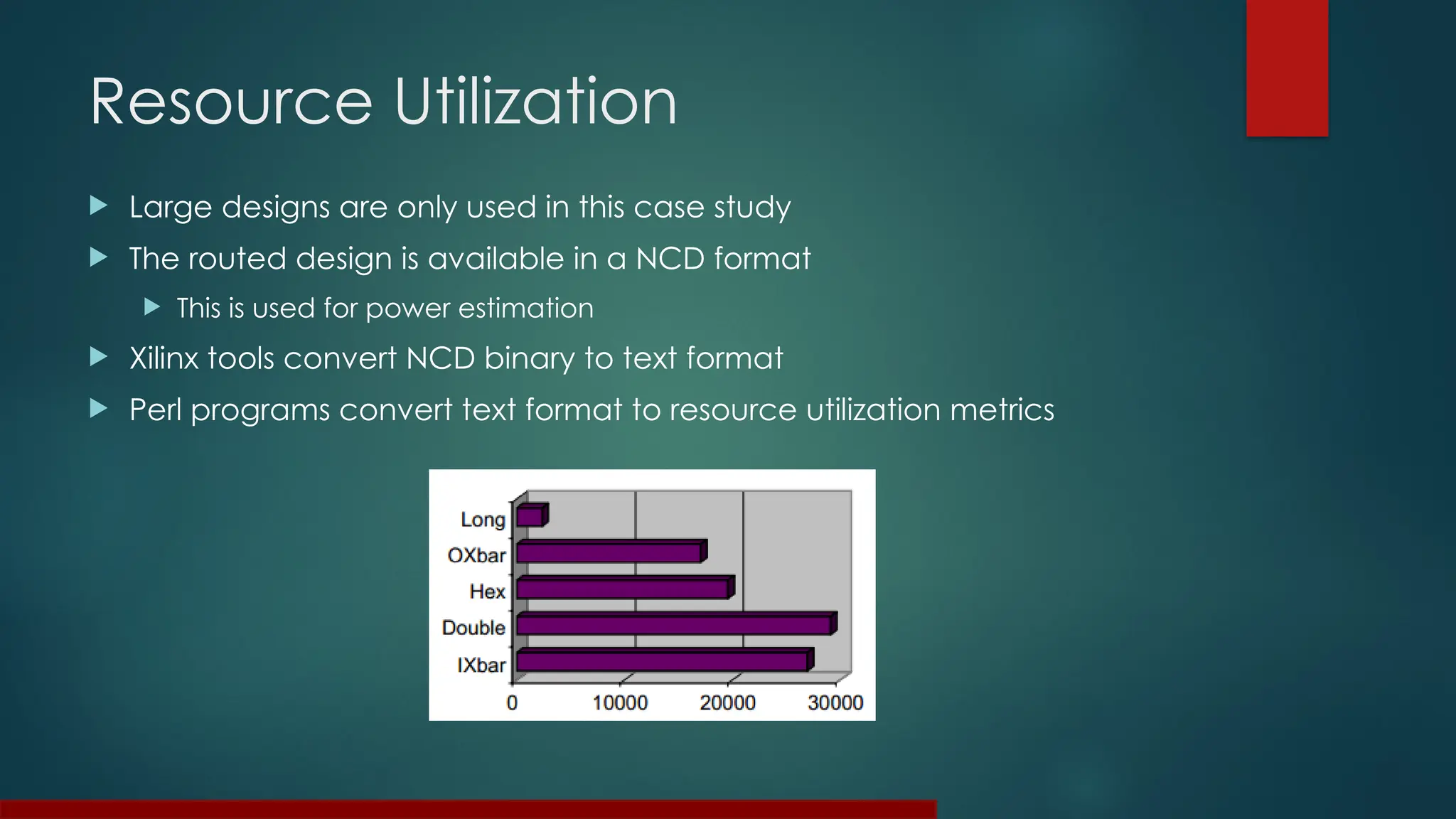 Resource Utilization
 Large designs are only used in this case study
 The routed design is available in a NCD format
 This is used for power estimation
 Xilinx tools convert NCD binary to text format
 Perl programs convert text format to resource utilization metrics
 
