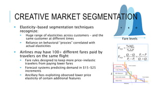 Y S O
CREATIVE MARKET SEGMENTATION
 Elasticity-based segmentation techniques
recognize:
 Huge range of elasticities across customers – and the
same customer at different times
 Reliance on behavioral “proxies” correlated with
actual elasticities
 Airlines may have 100+ different fares paid by
travelers on the same flight
 Fare rules designed to keep more price-inelastic
travelers from paying lower fares
 Forecast systems predicting demand in $15-$25
increments
 Ancillary fees exploiting observed lower price
elasticity of certain additional features
2 1 2
2 1 2 1
%
%
d
P D
P D
Q
E
P
Q Q P P
E
P P Q Q



 
 
 
Price
Demand
159
129
99
189
159
129
419
349
279
Executive
Fully Flexible
Biz Discount
Price with extras
Best Price
Price Inelastic
Price Elastic
Fare levels
 