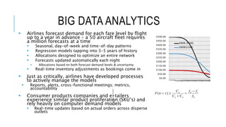 BIG DATA ANALYTICS
 Airlines forecast demand for each fare level by flight
up to a year in advance – a 50 aircraft fleet requires
a million forecasts at a time
 Seasonal, day-of-week and time-of-day patterns
 Regression models tapping into 3-5 years of history
 Allocations designed to optimize an entire network
 Forecasts updated automatically each night
 Allocations based on both forecast demand levels & uncertainty
 Real-time inventory adjustments as bookings come in
 Just as critically, airlines have developed processes
to actively manage the models
 Reports, alerts, cross-functional meetings; metrics,
accountability
 Consumer products companies and e-tailers
experience similar product proliferation (SKU’s) and
rely heavily on computer demand models
 Real-time updates based on actual orders across disperse
outlets
$0.00
$50.00
$100.00
$150.00
$200.00
$250.00
$300.00
$350.00
$400.00
$450.00
$500.00
123456789101112131415161718192021222324252627282930313233343536373839404142434445464748495051525354555657585960
EMSR ($400)
EMSR($300)
( ) u h l
o u h
C f f
F n x
C C f

  

 