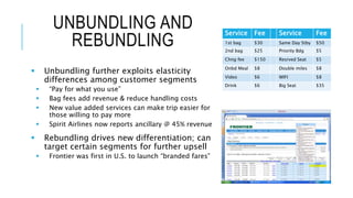 UNBUNDLING AND
REBUNDLING
 Unbundling further exploits elasticity
differences among customer segments
 “Pay for what you use”
 Bag fees add revenue & reduce handling costs
 New value added services can make trip easier for
those willing to pay more
 Spirit Airlines now reports ancillary @ 45% revenue
 Rebundling drives new differentiation; can
target certain segments for further upsell
 Frontier was first in U.S. to launch “branded fares”
Service Fee Service Fee
1st bag $30 Same Day Stby $50
2nd bag $25 Priority Bdg $5
Chng fee $150 Resrved Seat $5
Onbd Meal $8 Double miles $8
Video $6 WIFI $8
Drink $6 Big Seat $35
 