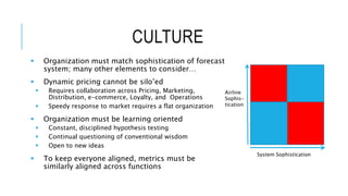 CULTURE
 Organization must match sophistication of forecast
system; many other elements to consider…
 Dynamic pricing cannot be silo’ed
 Requires collaboration across Pricing, Marketing,
Distribution, e-commerce, Loyalty, and Operations
 Speedy response to market requires a flat organization
 Organization must be learning oriented
 Constant, disciplined hypothesis testing
 Continual questioning of conventional wisdom
 Open to new ideas
 To keep everyone aligned, metrics must be
similarly aligned across functions
System Sophistication
Airline
Sophis-
tication
 