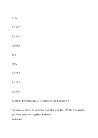 93%
9,536.5
9,536.0
9,563.9
350
80%
9,625.0
9,625.0
9,625.0
Table 5: Performance of Heuristics for Example 3
As seen in Table 5, both the EMSR-a and the EMSR-b heuristic
perform very well against Poisson
demands
 