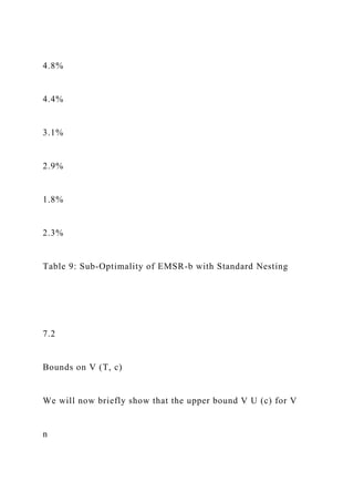 4.8%
4.4%
3.1%
2.9%
1.8%
2.3%
Table 9: Sub-Optimality of EMSR-b with Standard Nesting
7.2
Bounds on V (T, c)
We will now briefly show that the upper bound V U (c) for V
n
 