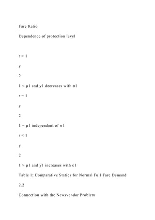 Fare Ratio
Dependence of protection level
r > 1
y
2
1 < µ1 and y1 decreases with σ1
r = 1
y
2
1 = µ1 independent of σ1
r < 1
y
2
1 > µ1 and y1 increases with σ1
Table 1: Comparative Statics for Normal Full Fare Demand
2.2
Connection with the Newsvendor Problem
 