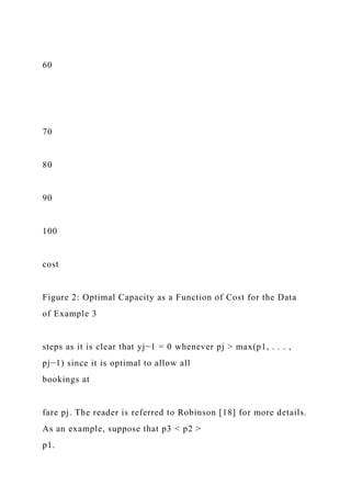 60
70
80
90
100
cost
Figure 2: Optimal Capacity as a Function of Cost for the Data
of Example 3
steps as it is clear that yj−1 = 0 whenever pj > max(p1, . . . ,
pj−1) since it is optimal to allow all
bookings at
fare pj. The reader is referred to Robinson [18] for more details.
As an example, suppose that p3 < p2 >
p1.
 