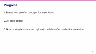 Progress
1. Started with proof of concepts for major ideas
2. All code ported
3. Now running tests in some regions (to validate effect on business metrics)
14
 