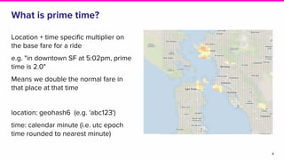 What is prime time?
Location + time specific multiplier on
the base fare for a ride
e.g. "in downtown SF at 5:02pm, prime
time is 2.0"
Means we double the normal fare in
that place at that time
location: geohash6 (e.g. 'abc123')
time: calendar minute (i.e. utc epoch
time rounded to nearest minute)
4
 
