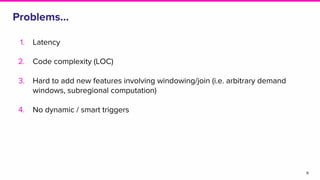 Problems...
1. Latency
2. Code complexity (LOC)
3. Hard to add new features involving windowing/join (i.e. arbitrary demand
windows, subregional computation)
4. No dynamic / smart triggers
9
 