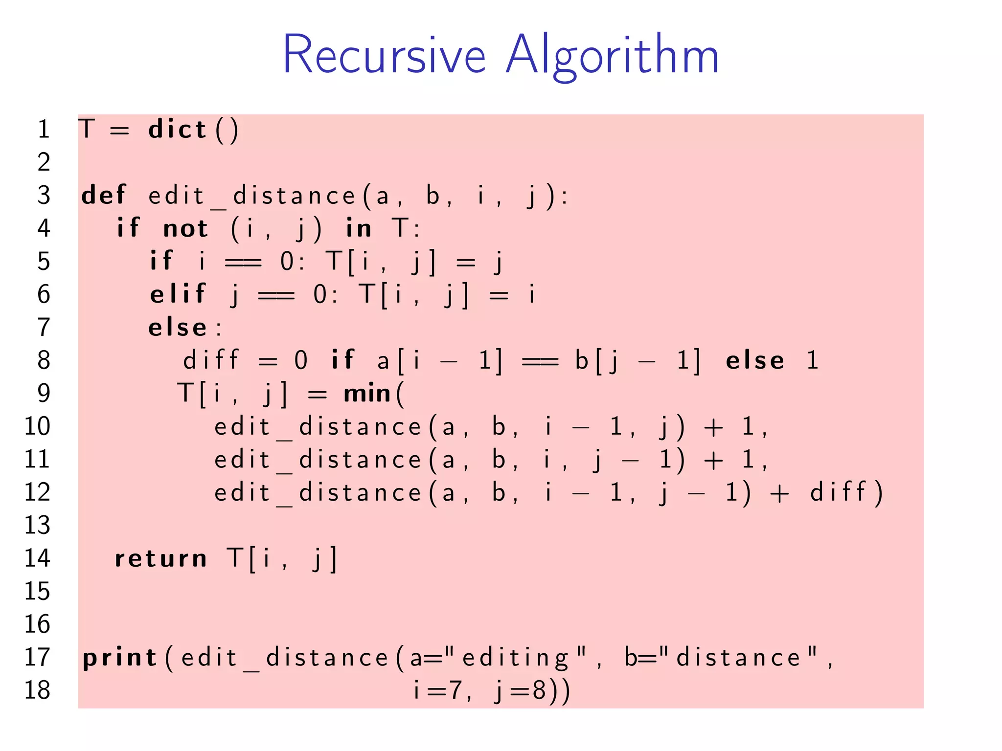 Recursive Algorithm
1 T = dict ()
2
3 def edit_distance (a , b , i , j ) :
4 i f not ( i , j ) in T:
5 i f i == 0: T[ i , j ] = j
6 e l i f j == 0: T[ i , j ] = i
7 else :
8 d i f f = 0 i f a [ i − 1] == b [ j − 1] else 1
9 T[ i , j ] = min(
10 edit_distance (a , b , i − 1 , j ) + 1 ,
11 edit_distance (a , b , i , j − 1) + 1 ,
12 edit_distance (a , b , i − 1 , j − 1) + d i f f )
13
14 return T[ i , j ]
15
16
17 print ( edit_distance ( a=" e d i t i n g " , b=" d i s t a n c e " ,
18 i =7, j =8))
 