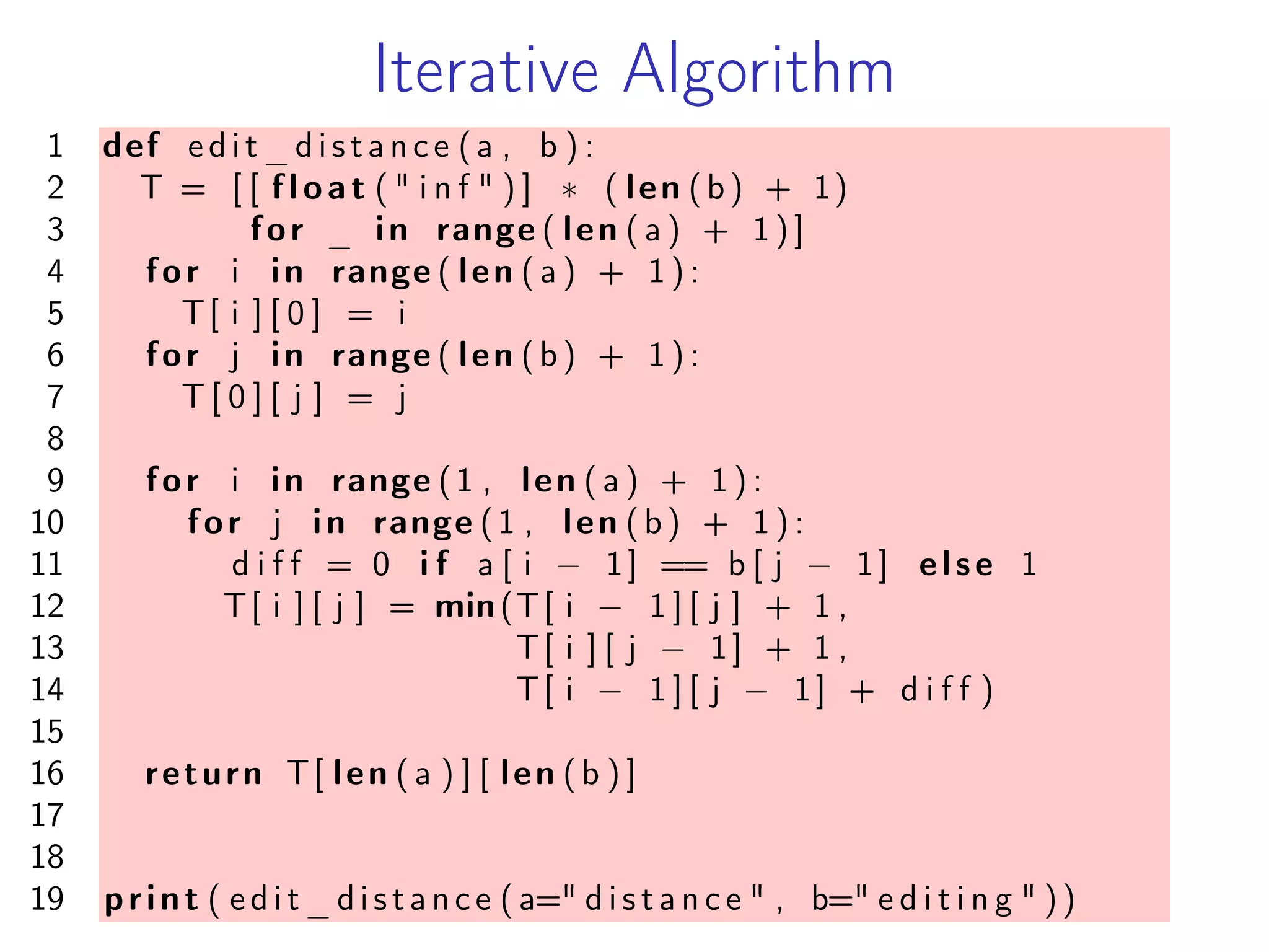 Iterative Algorithm
1 def edit_distance (a , b ) :
2 T = [ [ f l o a t ( " i n f " ) ] * ( len (b) + 1)
3 for _ in range ( len ( a ) + 1 ) ]
4 for i in range ( len ( a ) + 1 ) :
5 T[ i ] [ 0 ] = i
6 for j in range ( len (b) + 1 ) :
7 T [ 0 ] [ j ] = j
8
9 for i in range (1 , len ( a ) + 1 ) :
10 for j in range (1 , len (b) + 1 ) :
11 d i f f = 0 i f a [ i − 1] == b [ j − 1] else 1
12 T[ i ] [ j ] = min(T[ i − 1 ] [ j ] + 1 ,
13 T[ i ] [ j − 1] + 1 ,
14 T[ i − 1 ] [ j − 1] + d i f f )
15
16 return T[ len ( a ) ] [ len (b ) ]
17
18
19 print ( edit_distance ( a=" d i s t a n c e " , b=" e d i t i n g " ))
 