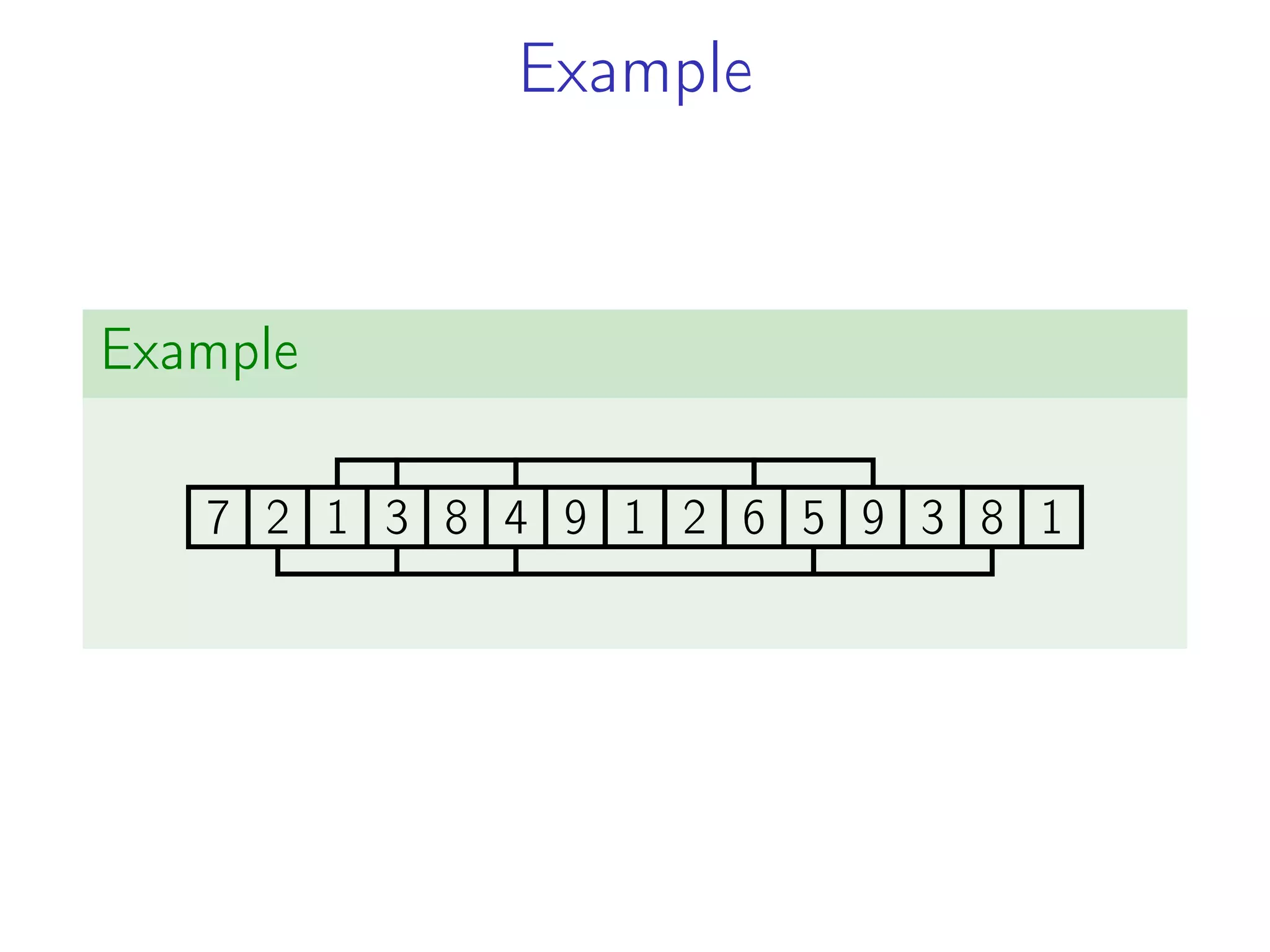 Example
Example
7 2 1 3 8 4 9 1 2 6 5 9 3 8 1
 