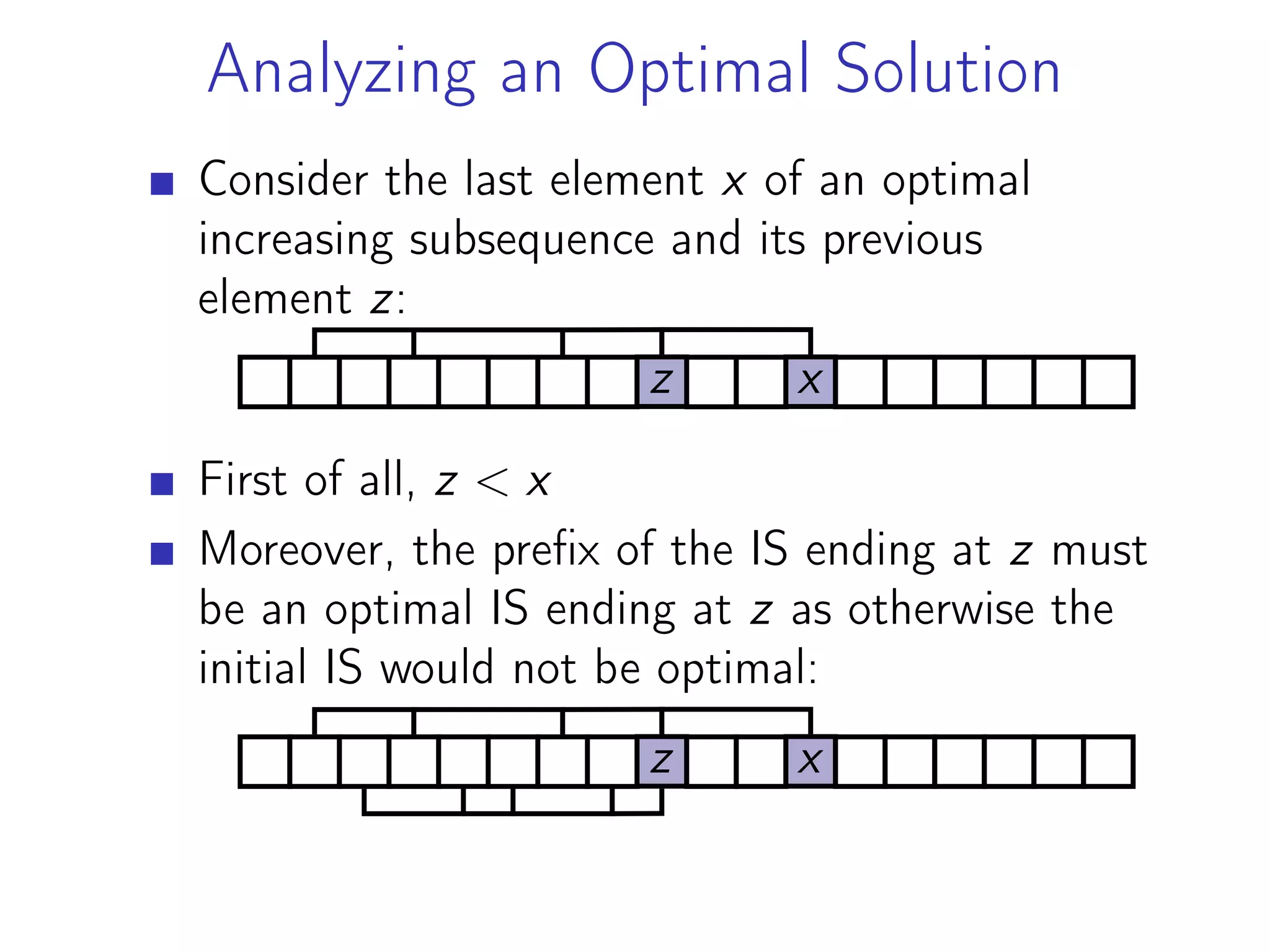 Analyzing an Optimal Solution
Consider the last element x of an optimal
increasing subsequence and its previous
element z:
z x
First of all, z < x
Moreover, the prefix of the IS ending at z must
be an optimal IS ending at z as otherwise the
initial IS would not be optimal:
z x
 