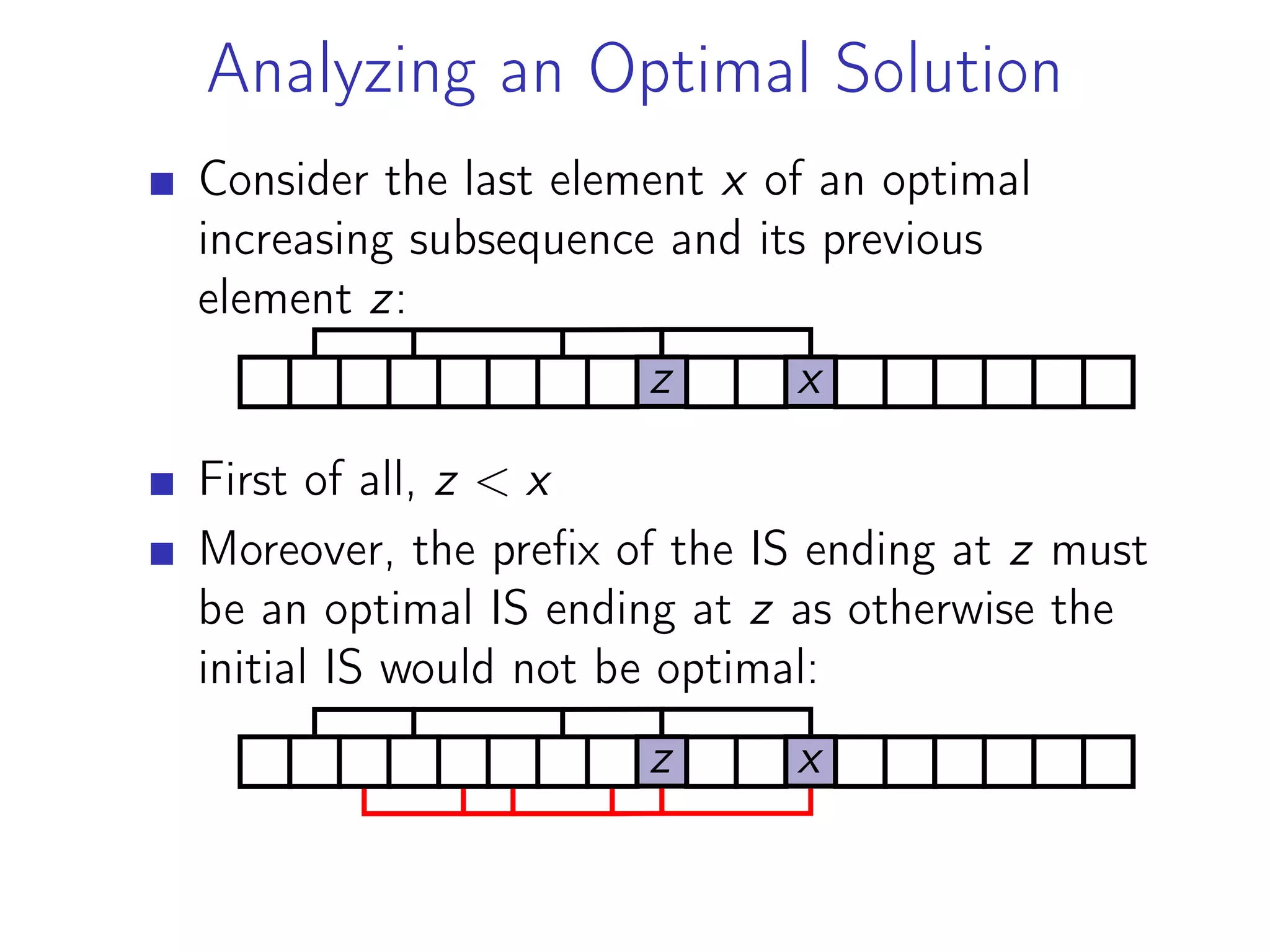 Analyzing an Optimal Solution
Consider the last element x of an optimal
increasing subsequence and its previous
element z:
z x
First of all, z < x
Moreover, the prefix of the IS ending at z must
be an optimal IS ending at z as otherwise the
initial IS would not be optimal:
z x
 