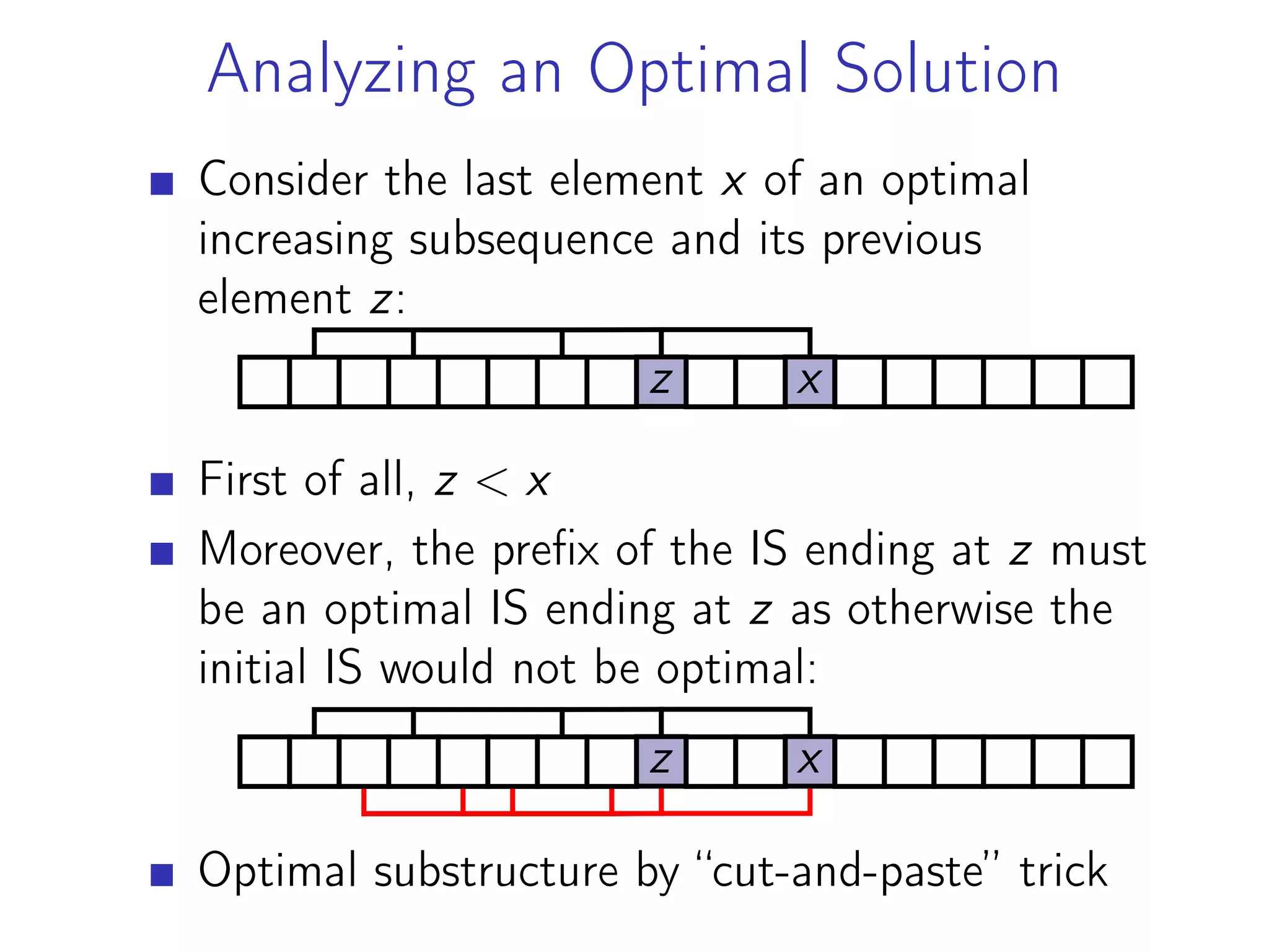 Analyzing an Optimal Solution
Consider the last element x of an optimal
increasing subsequence and its previous
element z:
z x
First of all, z < x
Moreover, the prefix of the IS ending at z must
be an optimal IS ending at z as otherwise the
initial IS would not be optimal:
z x
Optimal substructure by “cut-and-paste” trick
 
