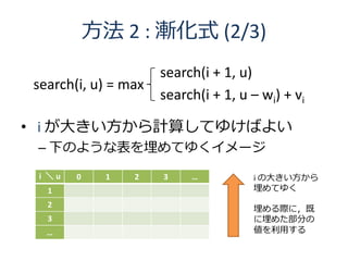 方法 2 : 漸化式 (2/3)
                      search(i + 1, u)
search(i, u) = max
                      search(i + 1, u – wi) + vi

• i が大きい方から計算してゆけばよい
 – 下のような表を埋めてゆくイメージ

 i ＼u   0     1   2   3    …          i の大きい方から
  1                                   埋めてゆく
  2
                                      埋める際に，既
  3                                   に埋めた部分の
  …                                   値を利用する
 