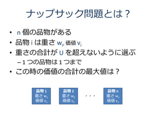 ナップサック問題とは？
• n 個の品物がある
• 品物 i は重さ wi, 価値 vi
• 重さの合計が U を超えないように選ぶ
 – 1 つの品物は 1 つまで
• この時の価値の合計の最大値は？

     品物 1    品物 2          品物 n
     重さ w1   重さ w2   ・・・   重さ wn
     価値 v1   価値 v2         価値 vn
 