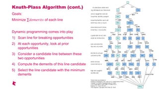 Knuth-Plass Algorithm (cont.)
Goals:
Minimize $ of each line
Dynamic programming comes into play
1) Scan line for breaking opportunities
2) At each opportunity, look at prior
opportunities
3) Consider a candidate line between these
two opportunities
4) Compute the demerits of this line candidate
5) Select the line candidate with the minimum
demerits