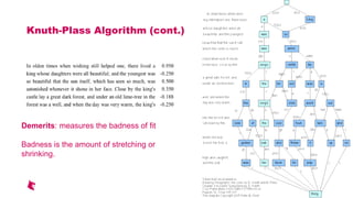Knuth-Plass Algorithm (cont.)
Demerits: measures the badness of fit
Badness is the amount of stretching or
shrinking.