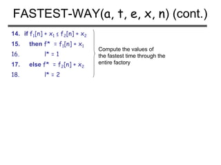 FASTEST-WAY(a, t, e, x, n) (cont.)
14. if f1[n] + x1 ≤ f2[n] + x2
15. then f* = f1[n] + x1
16. l* = 1
17. else f* = f2[n] + x2
18. l* = 2
Compute the values of
the fastest time through the
entire factory
 