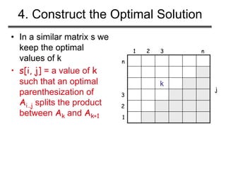 4. Construct the Optimal Solution
• In a similar matrix s we
keep the optimal
values of k
• s[i, j] = a value of k
such that an optimal
parenthesization of
Ai..j splits the product
between Ak and Ak+1
k
1
1
2 3 n
2
3
n
j
 