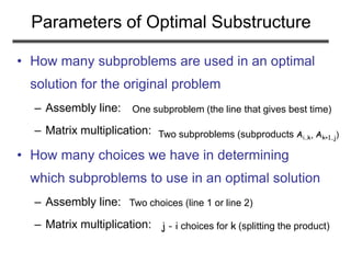 Parameters of Optimal Substructure
• How many subproblems are used in an optimal
solution for the original problem
– Assembly line:
– Matrix multiplication:
• How many choices we have in determining
which subproblems to use in an optimal solution
– Assembly line:
– Matrix multiplication:
One subproblem (the line that gives best time)
Two choices (line 1 or line 2)
Two subproblems (subproducts Ai..k, Ak+1..j)
j - i choices for k (splitting the product)
 