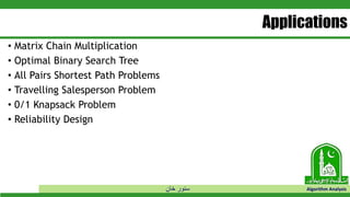 ‫خان‬ ‫سنور‬ Algorithm Analysis
Applications
• Matrix Chain Multiplication
• Optimal Binary Search Tree
• All Pairs Shortest Path Problems
• Travelling Salesperson Problem
• 0/1 Knapsack Problem
• Reliability Design
 