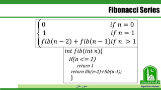 ‫خان‬ ‫سنور‬ Algorithm Analysis
Fibonacci Series
൞
0 𝑖𝑓 𝑛 = 0
1 𝑖𝑓 𝑛 = 1
𝑓𝑖𝑏 𝑛 − 2 + 𝑓𝑖𝑏 𝑛 − 1 𝑖𝑓 𝑛 > 1
𝑖𝑛𝑡 𝑓𝑖𝑏(𝑖𝑛𝑡 𝑛){
if(n <= 1)
return 1
return fib(n-2)+fib(n-1);
}
 