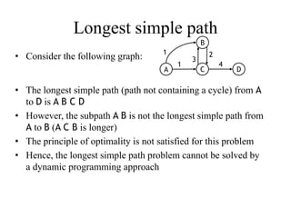 Longest simple path
• Consider the following graph:
• The longest simple path (path not containing a cycle) from A
to D is A B C D
• However, the subpath A B is not the longest simple path from
A to B (A C B is longer)
• The principle of optimality is not satisfied for this problem
• Hence, the longest simple path problem cannot be solved by
a dynamic programming approach
A C D
B
4
2
3
1
1
 