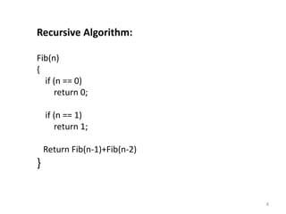 8
Recursive Algorithm:
Fib(n)
{
if (n == 0)
return 0;
if (n == 1)
return 1;
Return Fib(n-1)+Fib(n-2)
}
 