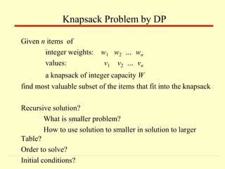 Given n items of
integer weights: w1 w2 … wn
values: v1 v2 … vn
a knapsack of integer capacity W
find most valuable subset of the items that fit into the knapsack
Recursive solution?
What is smaller problem?
How to use solution to smaller in solution to larger
Table?
Order to solve?
Initial conditions?
Knapsack Problem by DP
 