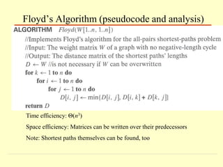 Floyd’s Algorithm (pseudocode and analysis)
Time efficiency: Θ(n3)
Space efficiency: Matrices can be written over their predecessors
Note: Shortest paths themselves can be found, too
 