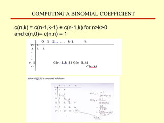 c(n,k) = c(n-1,k-1) + c(n-1,k) for n>k>0
and c(n,0)= c(n,n) = 1
COMPUTING A BINOMIAL COEFFICIENT
 