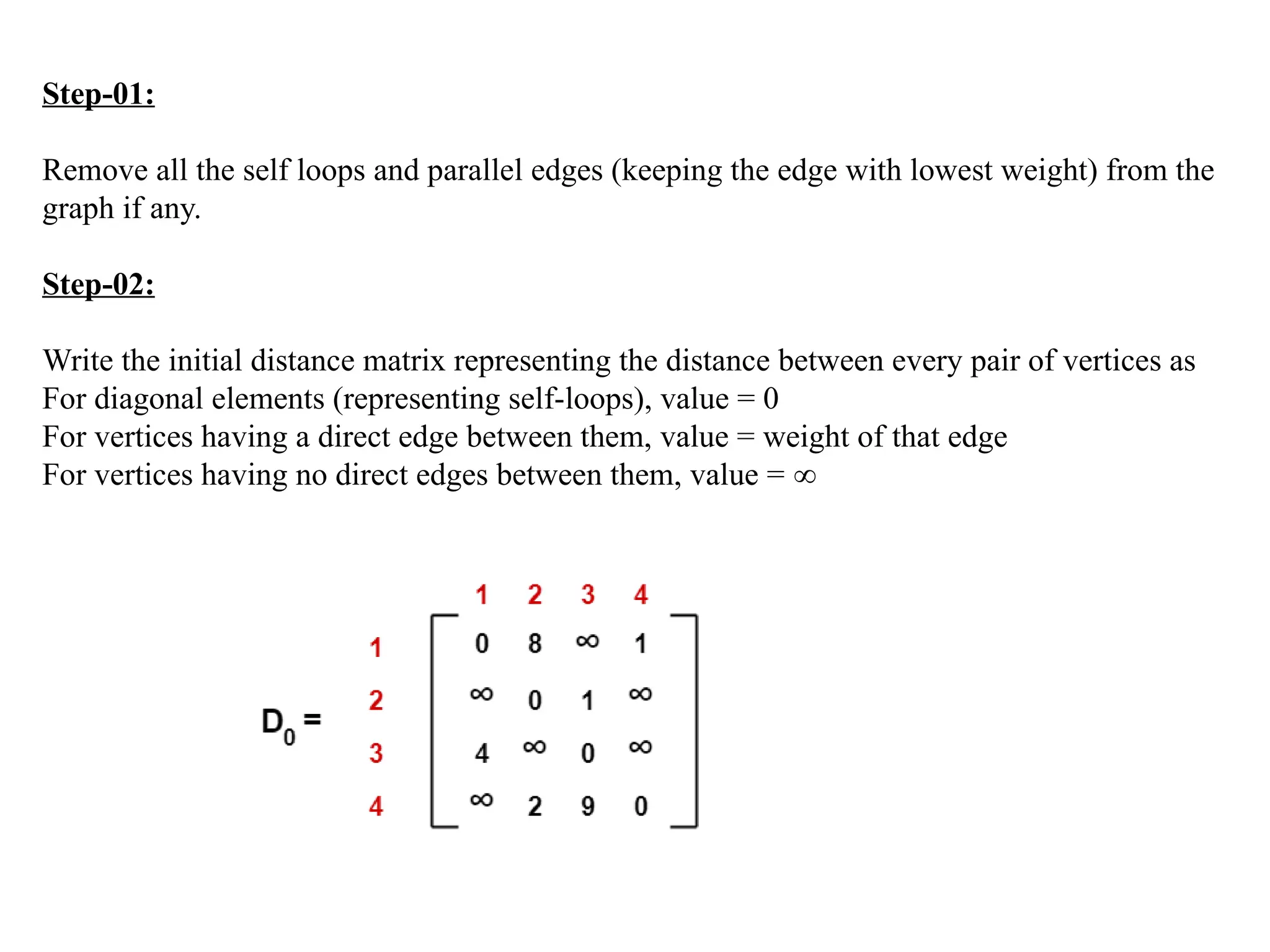 Step-01:
Remove all the self loops and parallel edges (keeping the edge with lowest weight) from the
graph if any.
Step-02:
Write the initial distance matrix representing the distance between every pair of vertices as
For diagonal elements (representing self-loops), value = 0
For vertices having a direct edge between them, value = weight of that edge
For vertices having no direct edges between them, value = ∞
 