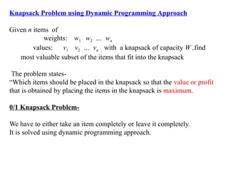 Knapsack Problem using Dynamic Programming Approach
Given n items of
weights: w1 w2 … wn
values: v1 v2 … vn , with a knapsack of capacity W ,find
most valuable subset of the items that fit into the knapsack
The problem states-
“Which items should be placed in the knapsack so that the value or profit
that is obtained by placing the items in the knapsack is maximum.
0/1 Knapsack Problem-
We have to either take an item completely or leave it completely.
It is solved using dynamic programming approach.
 
