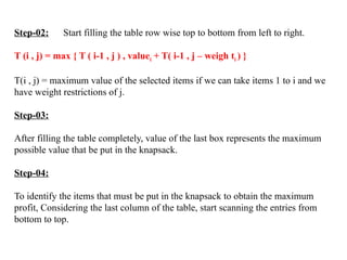 Step-02: Start filling the table row wise top to bottom from left to right.
T (i , j) = max { T ( i-1 , j ) , valuei + T( i-1 , j – weigh ti ) }
T(i , j) = maximum value of the selected items if we can take items 1 to i and we
have weight restrictions of j.
Step-03:
After filling the table completely, value of the last box represents the maximum
possible value that be put in the knapsack.
Step-04:
To identify the items that must be put in the knapsack to obtain the maximum
profit, Considering the last column of the table, start scanning the entries from
bottom to top.
 