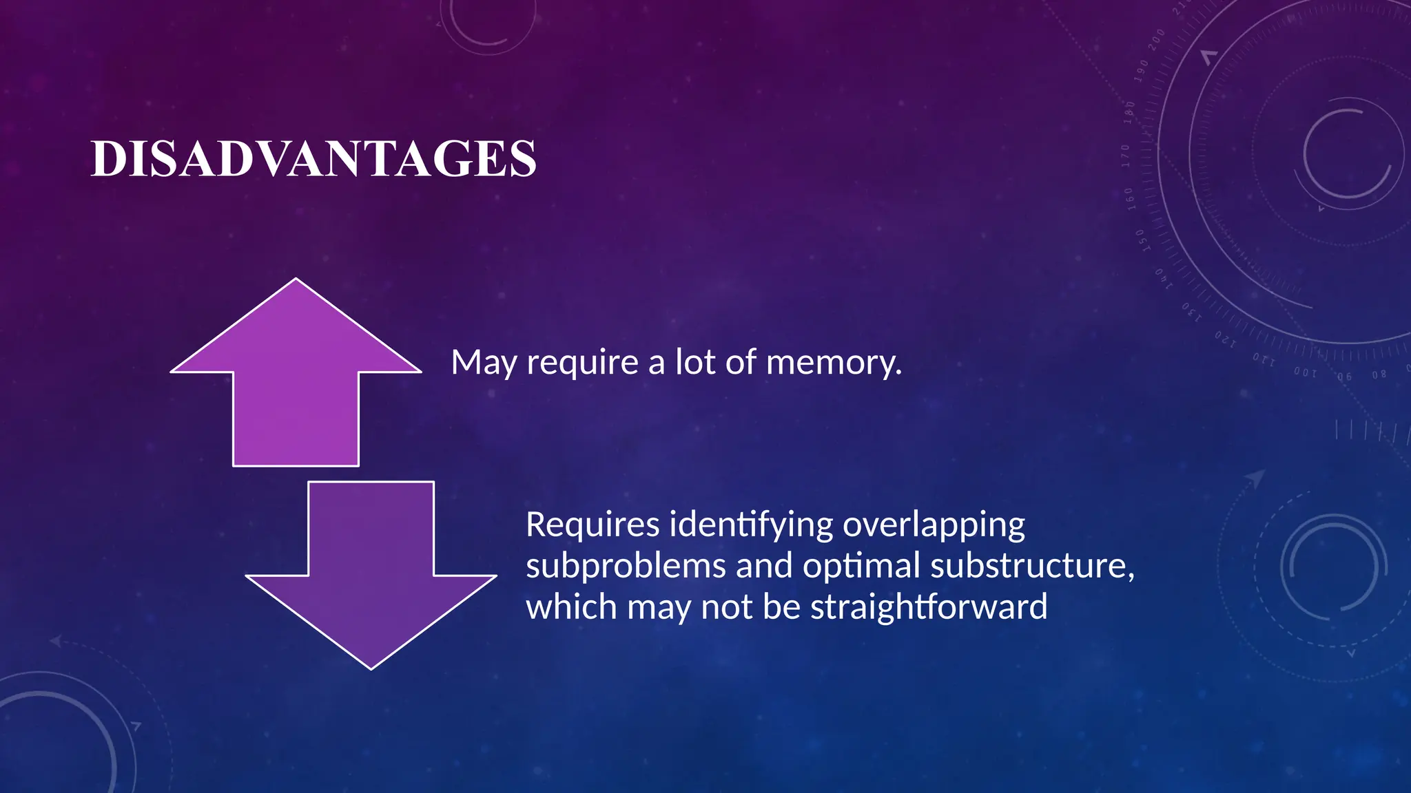 DISADVANTAGES
May require a lot of memory.
Requires identifying overlapping
subproblems and optimal substructure,
which may not be straightforward
 