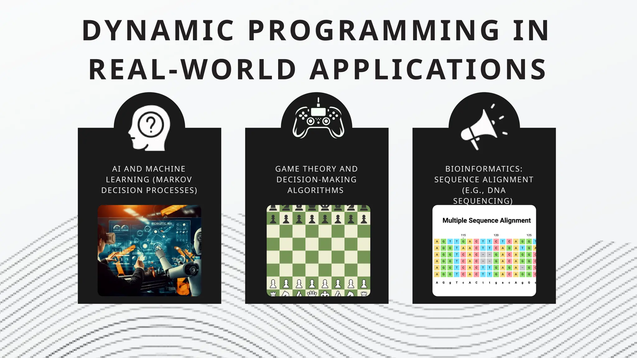 DYNAMIC PROGRAMMING IN
REAL-WORLD APPLICATIONS
AI AND MACHINE
LEARNING (MARKOV
DECISION PROCESSES)
GAME THEORY AND
DECISION-MAKING
ALGORITHMS
BIOINFORMATICS:
SEQUENCE ALIGNMENT
(E.G., DNA
SEQUENCING)
 