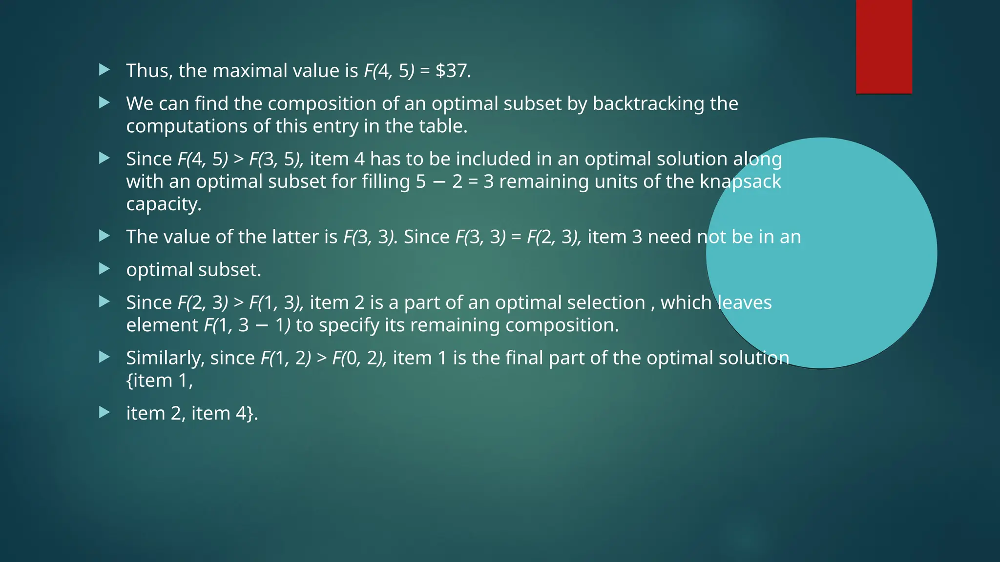  Thus, the maximal value is F(4, 5) = $37.
 We can find the composition of an optimal subset by backtracking the
computations of this entry in the table.
 Since F(4, 5) > F(3, 5), item 4 has to be included in an optimal solution along
with an optimal subset for filling 5 − 2 = 3 remaining units of the knapsack
capacity.
 The value of the latter is F(3, 3). Since F(3, 3) = F(2, 3), item 3 need not be in an
 optimal subset.
 Since F(2, 3) > F(1, 3), item 2 is a part of an optimal selection , which leaves
element F(1, 3 − 1) to specify its remaining composition.
 Similarly, since F(1, 2) > F(0, 2), item 1 is the final part of the optimal solution
{item 1,
 item 2, item 4}.
 