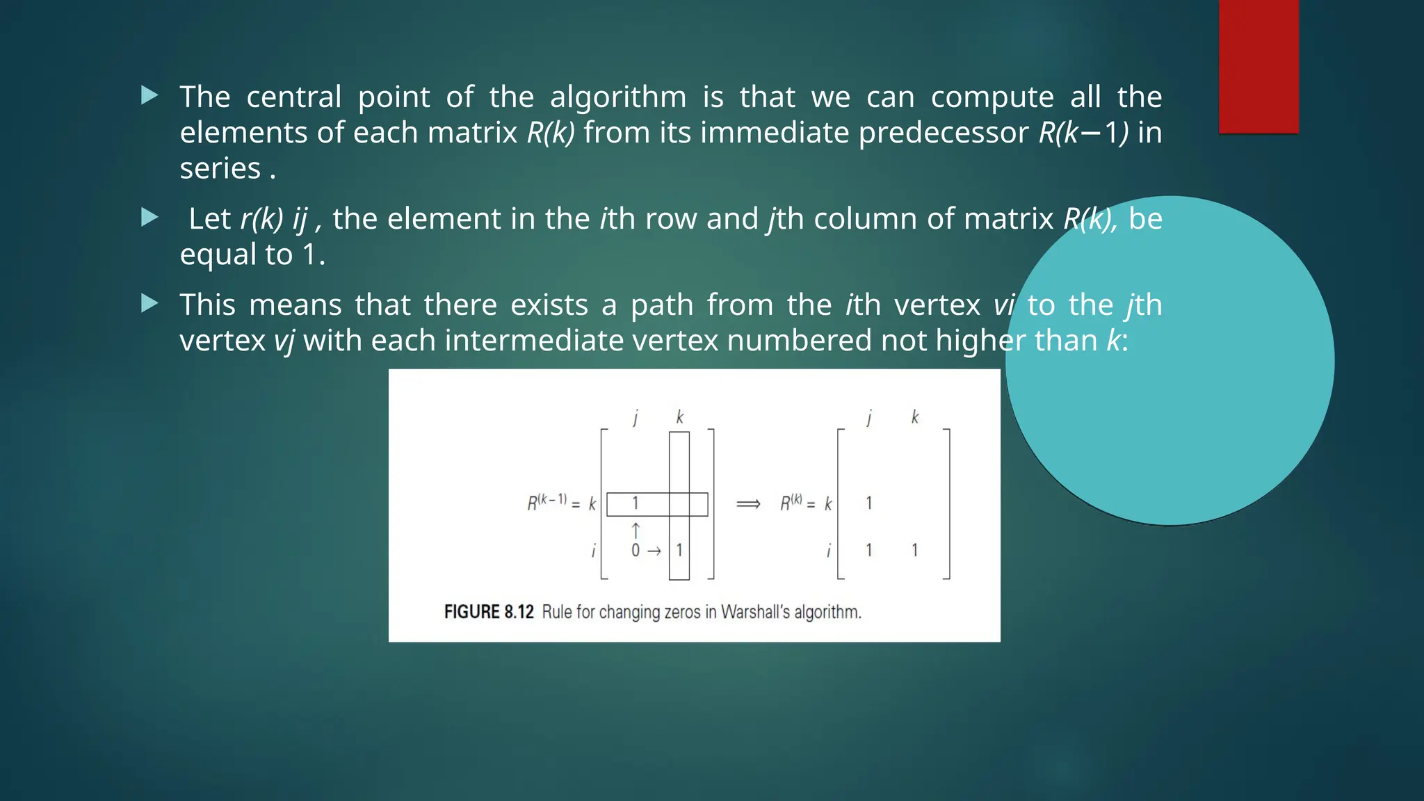  The central point of the algorithm is that we can compute all the
elements of each matrix R(k) from its immediate predecessor R(k−1) in
series .
 Let r(k) ij , the element in the ith row and jth column of matrix R(k), be
equal to 1.
 This means that there exists a path from the ith vertex vi to the jth
vertex vj with each intermediate vertex numbered not higher than k:
 
