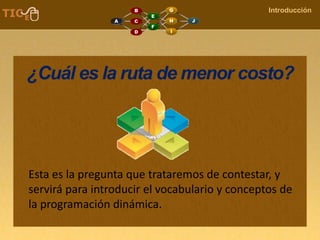 COMPANY NAME
Introducción
¿Cuál es la ruta de menor costo?
Esta es la pregunta que trataremos de contestar, y
servirá para introducir el vocabulario y conceptos de
la programación dinámica.
 