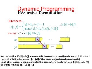 We notice that if a[i] = b[j] (connected), then we can use them in our solution and
optimal solution becomes c[i-1,j-1]+1(because we just used a new route).
In all other cases, we just consider the case where we do not use b[j] (i.e c[i,j-1])
or we do not use a[i] (i.e c[i-1,j]
Dynamic Programming
 