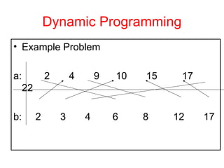 Dynamic Programming
• Example Problem
a: 2 4 9 10 15 17
22
b: 2 3 4 6 8 12 17
 