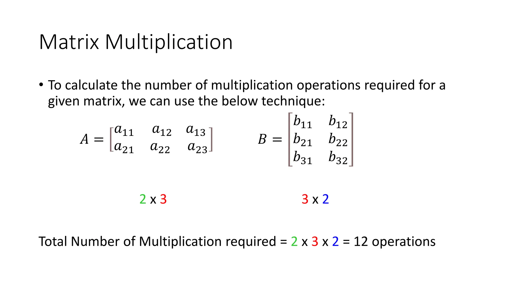 Matrix Multiplication
• To calculate the number of multiplication operations required for a
given matrix, we can use the below technique:
𝐴 =
𝑎11 𝑎12 𝑎13
𝑎21 𝑎22 𝑎23
𝐵 =
𝑏11 𝑏12
𝑏21 𝑏22
𝑏31 𝑏32
2 x 3 3 x 2
Total Number of Multiplication required = 2 x 3 x 2 = 12 operations
 