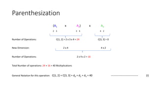 Parenthesization
(A1 x A2) x A3
2 3 3 4 4 2
Number of Operations: C[1, 2] = 2 x 3 x 4 = 24 C[3, 3] = 0
New Dimension: 2 x 4 4 x 2
Number of Operations: 2 x 4 x 2 = 16
Total Number of operations: 24 + 16 = 40 Multiplications
General Notation for this operation: C[1, 2] + C[3, 3] + d0 + d2 + d3 = 40 ------------------------------ (i)
 